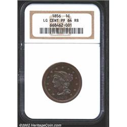 1856 1C PR64 Red and Brown NGC. Only one variety is known for proof 1856 Large Cents, from the Newco