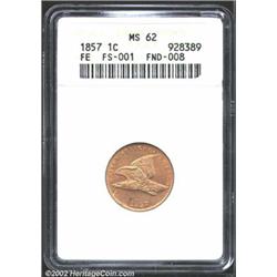 1857 1C MS62 ANACS. FS-1, Snow-2. The "Obverse of 1856" letter style, which includes a rectangular s