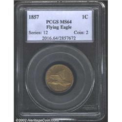 1857 1C MS64 PCGS. A good chestnut red patina on this moderately struck near gem coin. A few small l
