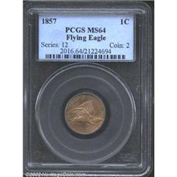 1857 1C MS64 PCGS. A nicely struck near-Gem with flashy luster and a well preserved obverse. A small