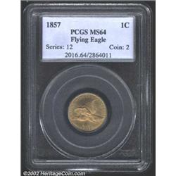 1857 1C MS64 PCGS. Honey-tan surfaces with a slight red iridescence. Only a few wispy marks detract.