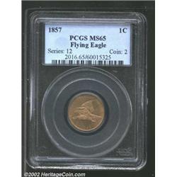 1857 1C MS65 PCGS. Lovely sandy-tan color shimmers on both sides of this frosty finished Gem. The sm