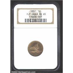 1857 1C MS65 NGC. Delicate champagne tinting overlays the otherwise honey-tan surfaces of this well.
