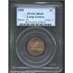 1858 1C Large Letters MS65 PCGS. This is a bright, colorful Cent whose fully lustrous surfaces are p