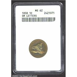 1858 1C Small Letters MS62 ANACS. The obverse has gorgeous bands of gold, violet, and yellow-brown p