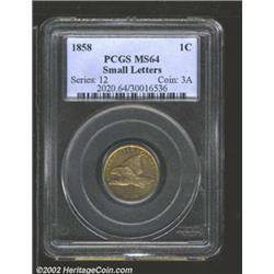 1858 1C Small Letters MS64 PCGS. The borders have bright gold color with a hint of rose patina. A we