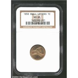 1858 1C Small Letters MS65 NGC. Radiant with coruscant mint frost, the surfaces are awash in bright.