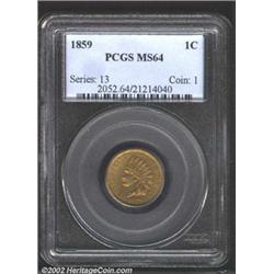 1859 1C MS64 PCGS. Light tan-gold color. A lustrous near-Gem that has pleasing surfaces. The strike.
