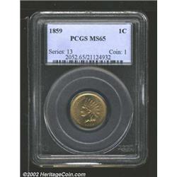 1859 1C MS65 PCGS. A lustrous Gem with a bold strike and bright copper-gold color. A few carbon flys