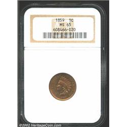 1859 1C MS65 NGC. Even golden color covers both sides of this beautiful, problem-free Gem. Sharply s