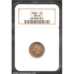 1860 1C Pointed Bust MS64 NGC. Coffee-gold patina. A lustrous and sharply struck near-Gem that has a