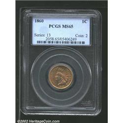 1860 1C MS65 PCGS. Eagle Eye Photo Seal. A flashy Gem with greenish-gold color and immaculate surfac