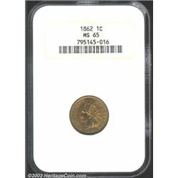 1862 1C MS65 NGC. Golden red patina with occasional deep sea green flashes of color. The coin displa