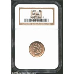 1863 1C MS64 NGC. A lustrous near-Gem with a sharp strike and immaculate surfaces. The obverse has a