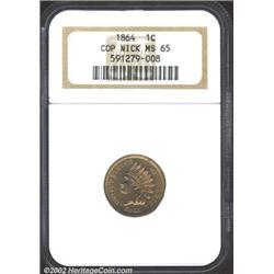 1864 1C Copper-Nickel MS65 NGC. The well struck devices and pleasing surfaces have a dark golden hue