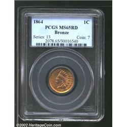 1864 1C Bronze MS65 Red PCGS. A lustrous Gem that has iridescent rose and gold color. Sharply struck