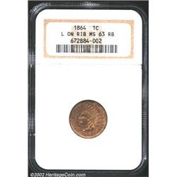 1864 1C L On Ribbon MS63 Red and Brown NGC. Pointed bust truncation. Richly variegated lilac and tan