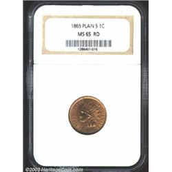 1865 1C MS65 Red NGC. Plain 5. Repunched Date. Snow-3. The 1865 Plain 5 is scarcer than its Fancy 5.