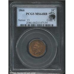 1866 1C MS64 Red and Brown PCGS. FS-7.7, Snow-2, Breen-1969. The date is sharply repunched, most not