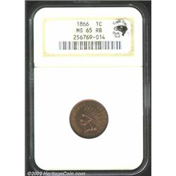 1866 1C MS65 Red and Brown NGC. Lustrous original gold color surrounds the peripheral legends and wr
