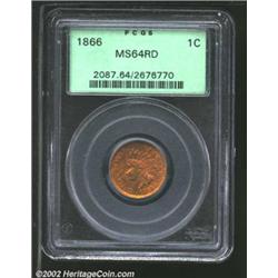 1866 1C MS64 Red PCGS. Fiery orange-yellow color. Impressively struck with imposing luster and virtu