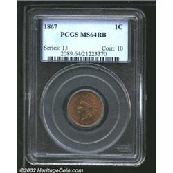 1867 1C MS64 Red and Brown PCGS. Snow-6. The 18 in the date is repunched. Rich red, gold, and violet