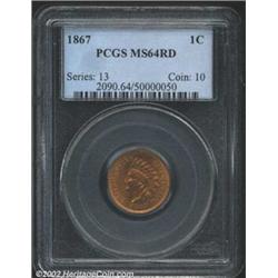 1867 1C MS64 Red PCGS. A well struck Cent that has rich luster and pale orange-yellow color. Essenti