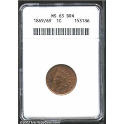 1869 1C MS63 Brown ANACS. FS-8.3, Breen-1977, Snow-3. The 69 in the date is sharply repunched. Mediu
