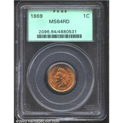 1869 1C MS64 Red PCGS. Bright yellow and orange colors intermingle. A razor-sharp strike with flashy