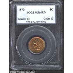 1870 1C MS64 Red PCGS. Lovely yellow-green and champagne-gold colors. A lustrous near-Gem with a rea