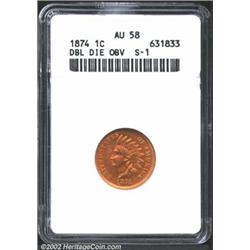 1874 1C AU58 ANACS. Snow-1, LIBERTY is slightly die doubled. Well struck with essentially full luste