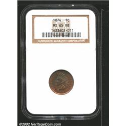 1874 1C MS65 Red and Brown NGC. The obverse has deeply variegated ruby-red and steel-blue color, whi
