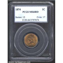 1874 1C MS64 Red PCGS. A lustrous near-Gem that has few tiny carbon flecks on each side. Well struck