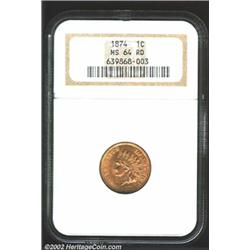 1874 1C MS64 Red NGC. The sharp strike is impressive for the series, and the eye appeal benefits eve