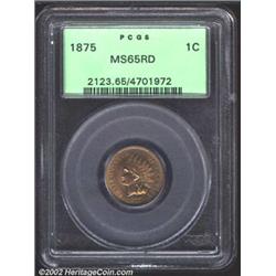 1875 1C MS65 Red PCGS. Snow-1. The 18 in the date are repunched, most noticeably on the bottom of th
