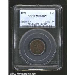 1876 1C MS65 Brown PCGS. Deeply variegated gold and lavender patina. A razor-sharp Gem with unblemis