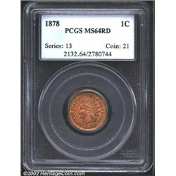 1878 1C MS64 Red PCGS. Light gold patina with a few carbon flyspecks on the reverse. A lustrous near