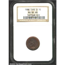 1886 1C Type Two MS64 Red and Brown NGC. Beautifully toned with gold, rose, and blue-violet colors..