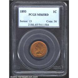 1893 1C MS65 Red PCGS. Snow-2, "scarce." The date is repunched, with remnants visible on the 893. Go