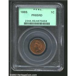 1885 1C PR65 Red PCGS. Ruby-red, gold, and apple-green colors. A razor-sharp Gem with outstanding ca