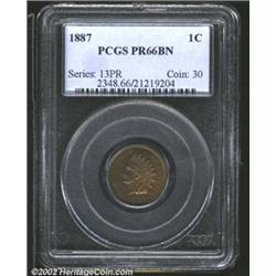 1887 1C PR66 Brown PCGS. An attractive olive-brown Gem with a good strike and seemingly pristine sur