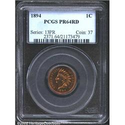 1894 1C PR64 Red PCGS. Full, rich, golden-orange luster yields to crimson-red color around the obver