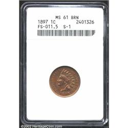1897 1C MS61 Brown ANACS. FS-11.5, Snow-1. A popular misplaced date variety which has the left edge.