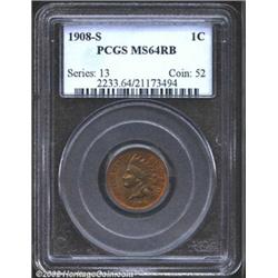 1908-S 1C MS64 Red and Brown PCGS.This pleasing first-year Cent from the San Francisco Mint displays