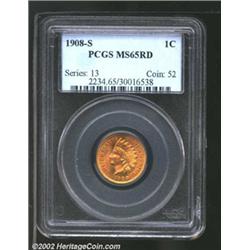 1908-S 1C MS65 Red PCGS. Radiant lemon-gold color, with a faint blush of lilac color below the first