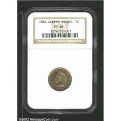 1864 1C Copper-Nickel PR64 NGC. The milky tan surfaces turn gold and violet colors when rotated unde