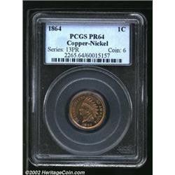 1864 1C Copper-Nickel PR64 PCGS. The gold surfaces also have intermittent milky tan patina. An impre