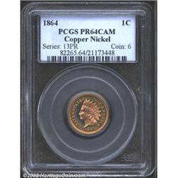 1864 1C Copper-Nickel PR64 Cameo PCGS. A scarce Copper-Nickel proof, the 1864 has an extant populati