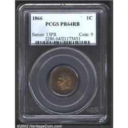1866 1C PR64 Red and Brown PCGS. The fields have deep purple-russet patina, with a much lighter gree