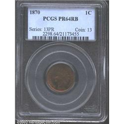 1870 1C PR64 Red and Brown PCGS. Deep gold, burnt-orange, and sea-green patina. A well struck near-G
